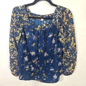 Lauren Conrad Size XS Women's Floral‎ Blouse Shirt Peasant Top Blue Yellow Pink